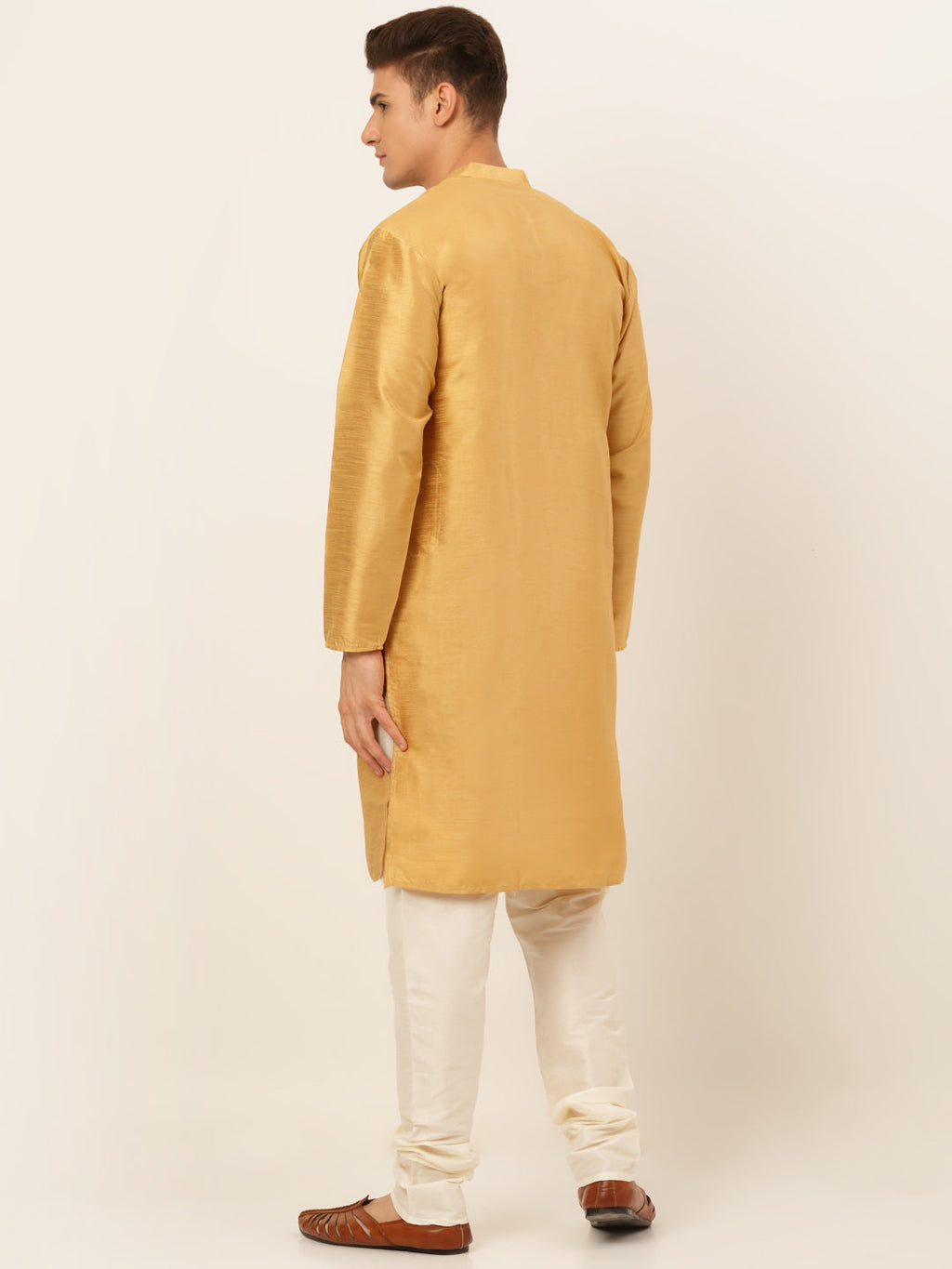 Jompers Men's Solid Dupion Silk Kurta Payjama Set - Dark-Golden | Grocsy