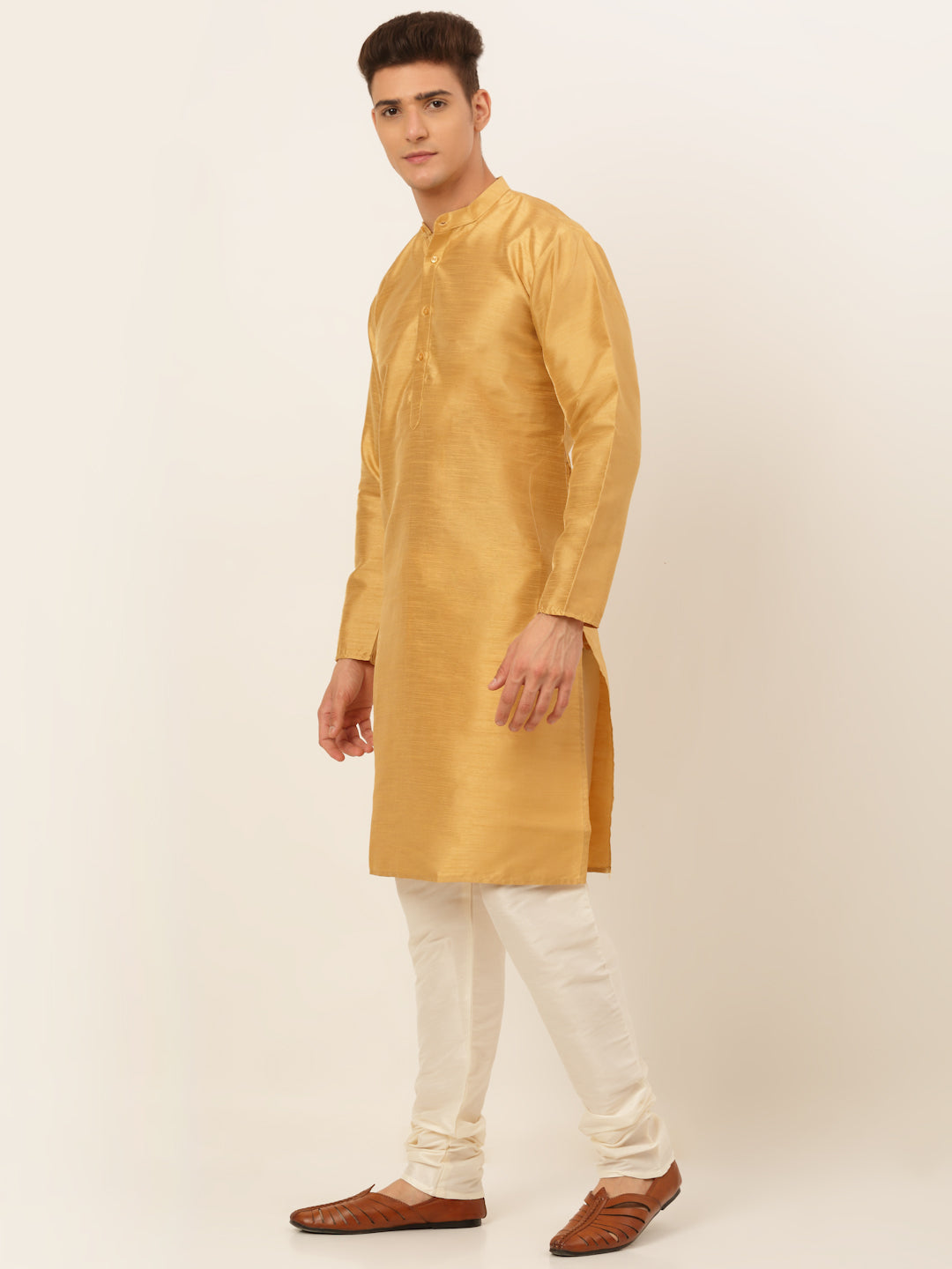 Jompers Men's Solid Dupion Silk Kurta Payjama Set - Dark-Golden | Grocsy