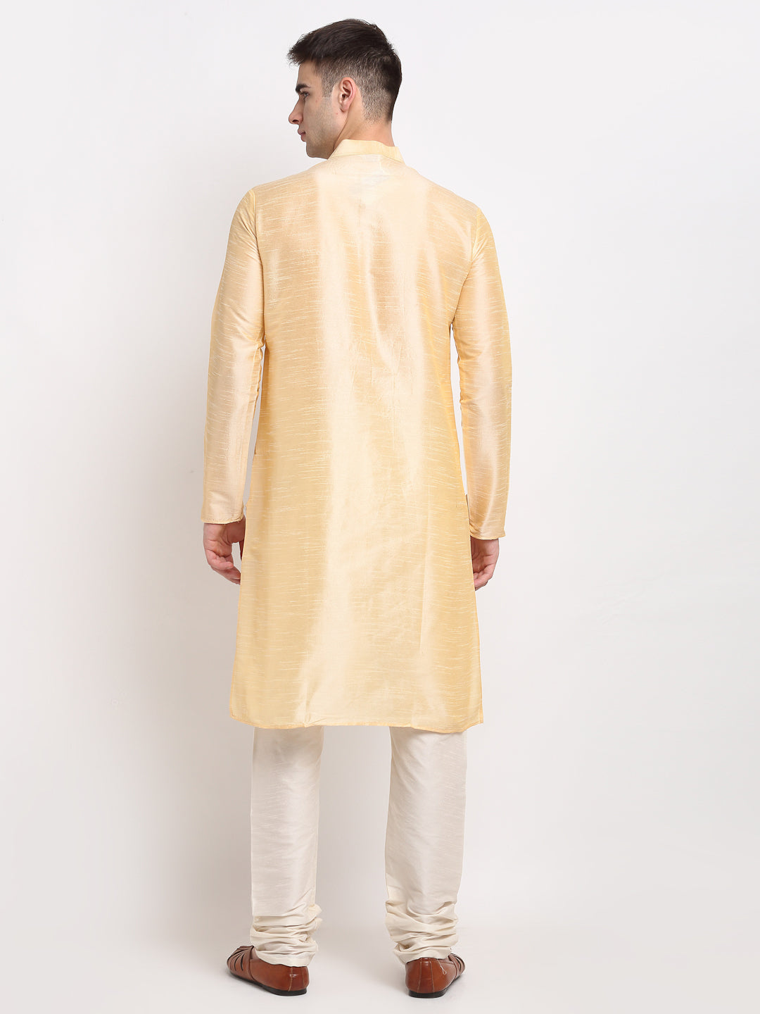 Jompers Men's Golden Solid Dupion Silk Kurta Payjama Set | Grocsy