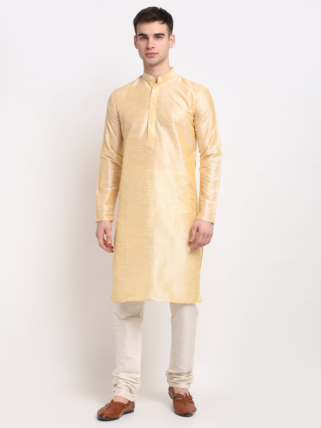 Jompers Men's Golden Solid Dupion Silk Kurta Only | Grocsy
