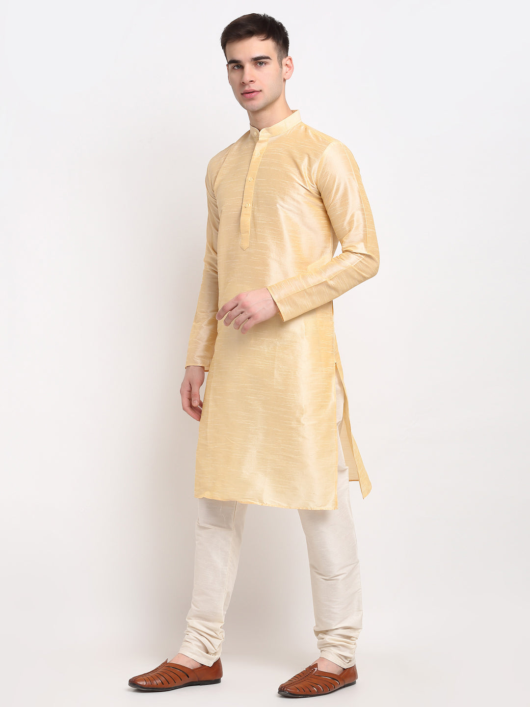 Jompers Men's Golden Solid Dupion Silk Kurta Only | Grocsy