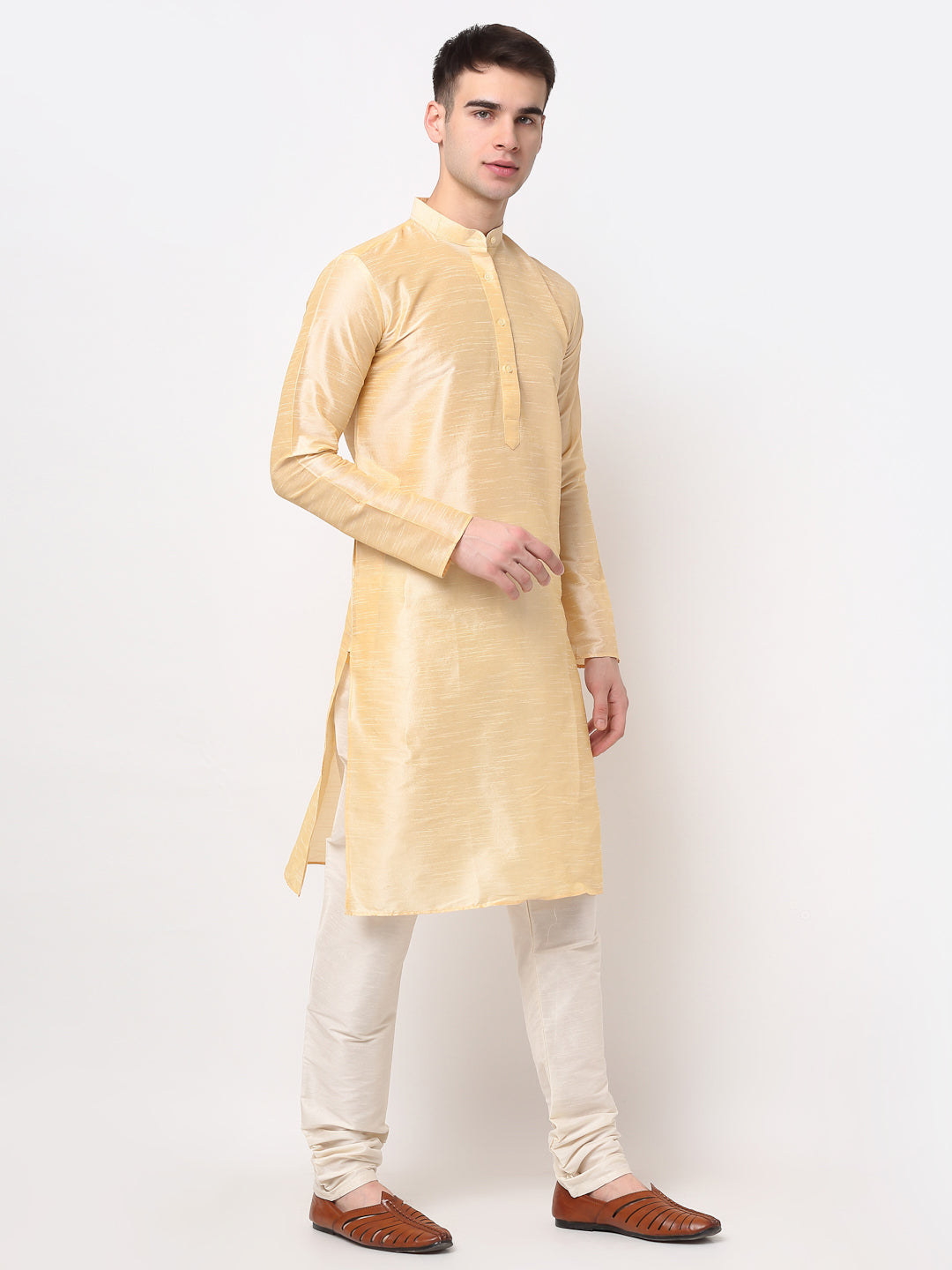 Jompers Men's Golden Solid Dupion Silk Kurta Payjama Set | Grocsy