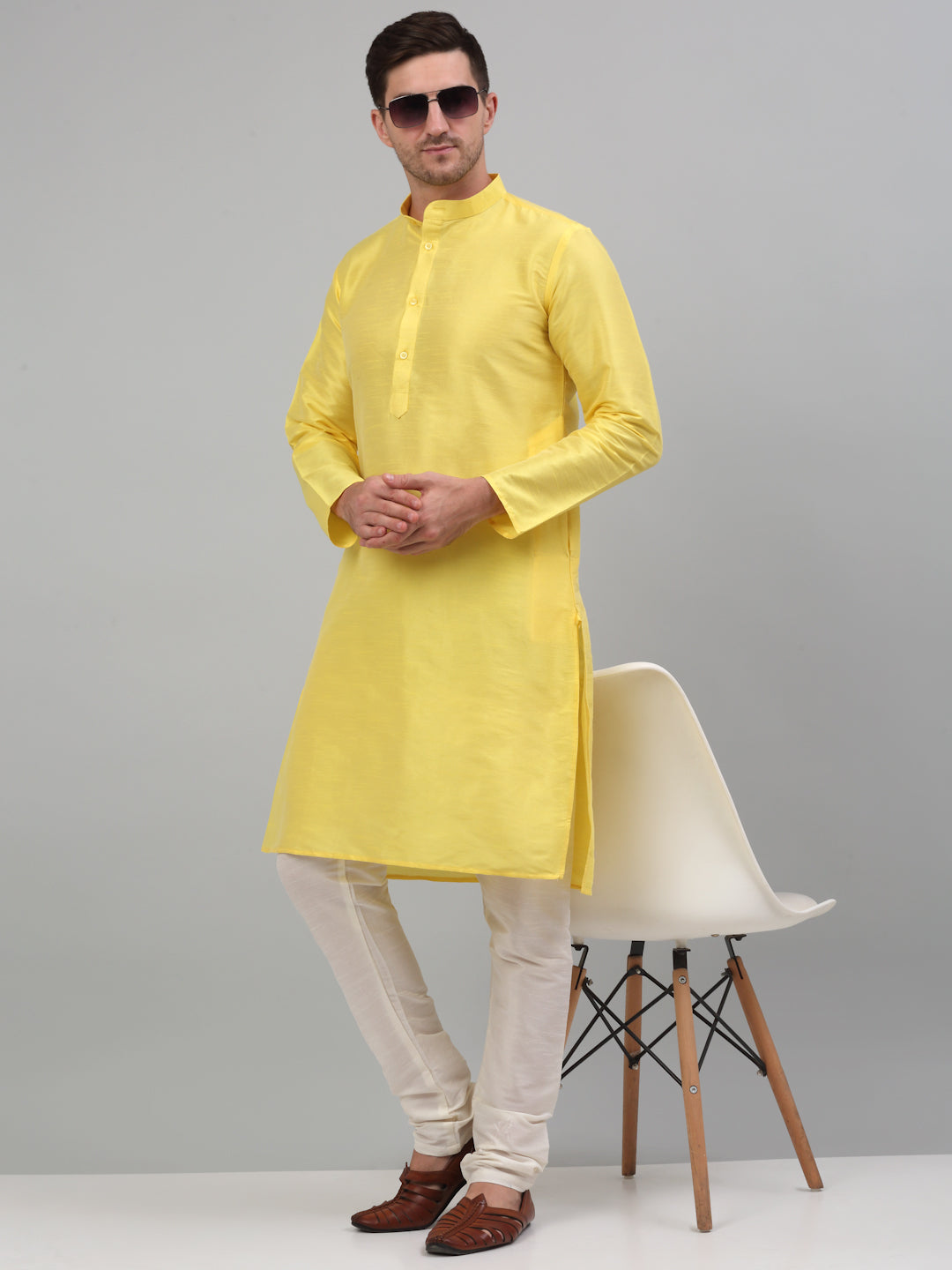 Jompers Men's Lemon Yellow Dupion Silk Kurta with Churidar | Grocsy