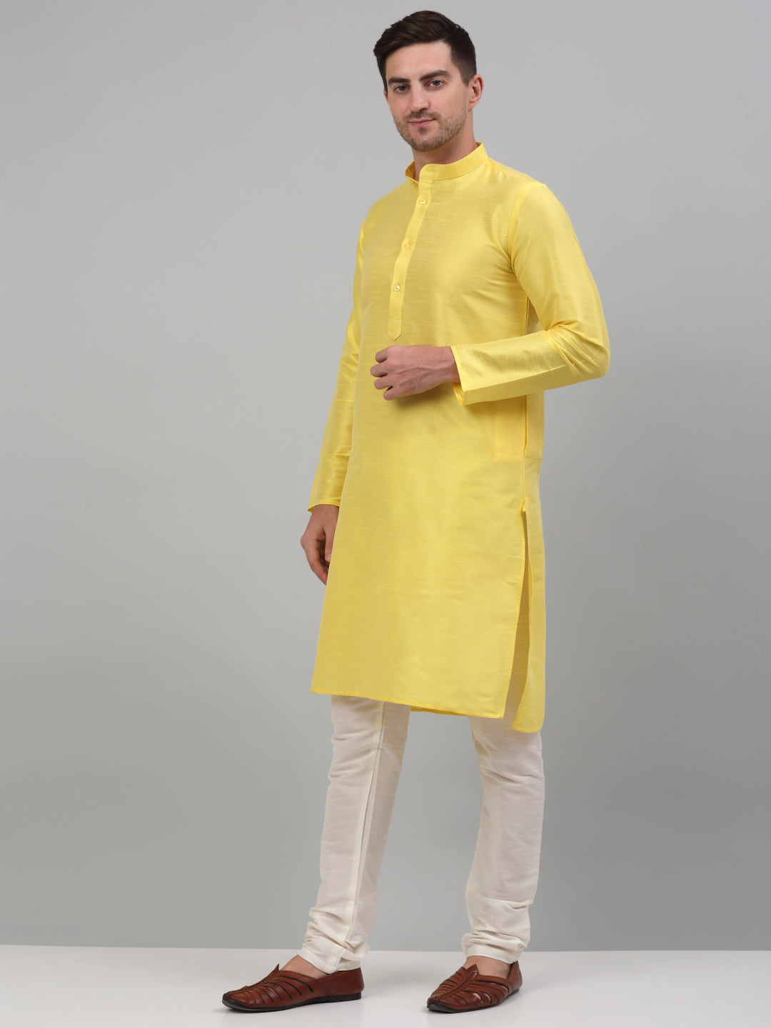 Jompers Men's Lemon Yellow Dupion Silk Kurta with Churidar | Grocsy
