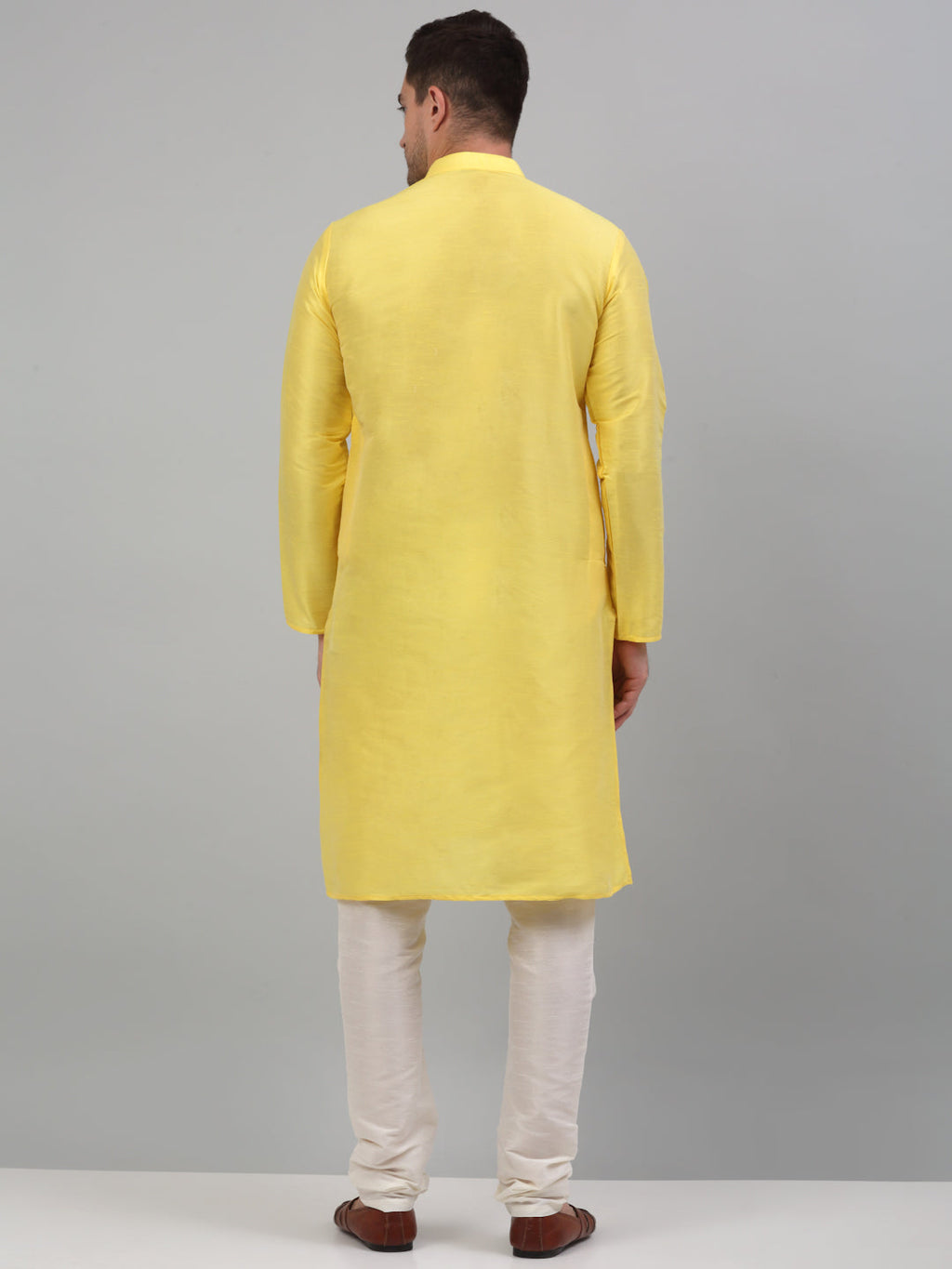 Jompers Men's Lemon Yellow Dupion Silk Kurta with Churidar | Grocsy