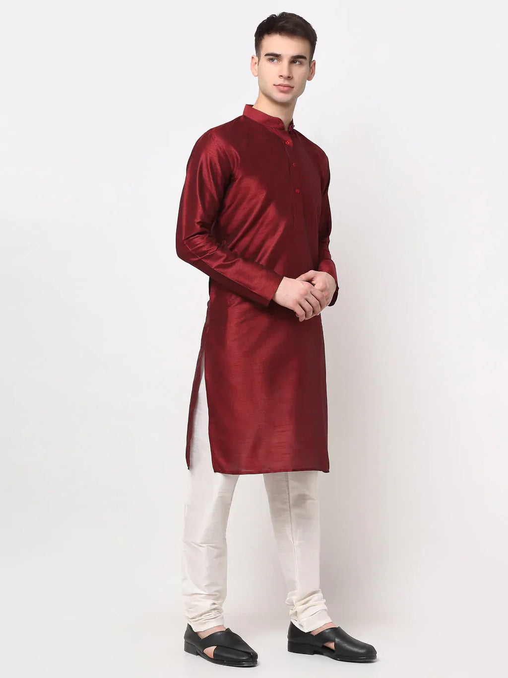 Jompers Men's Maroon Solid Dupion Silk Kurta Payjama Set | Grocsy