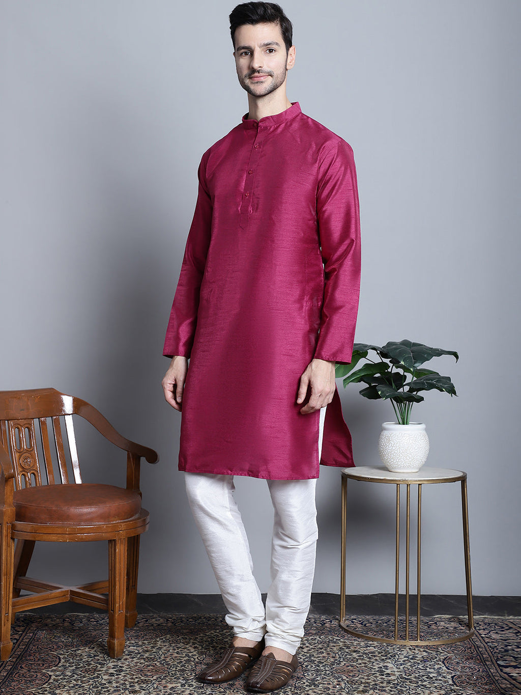 Jompers Men's Purple Dupion Silk Kurta with Churidar - Purple | Grocsy
