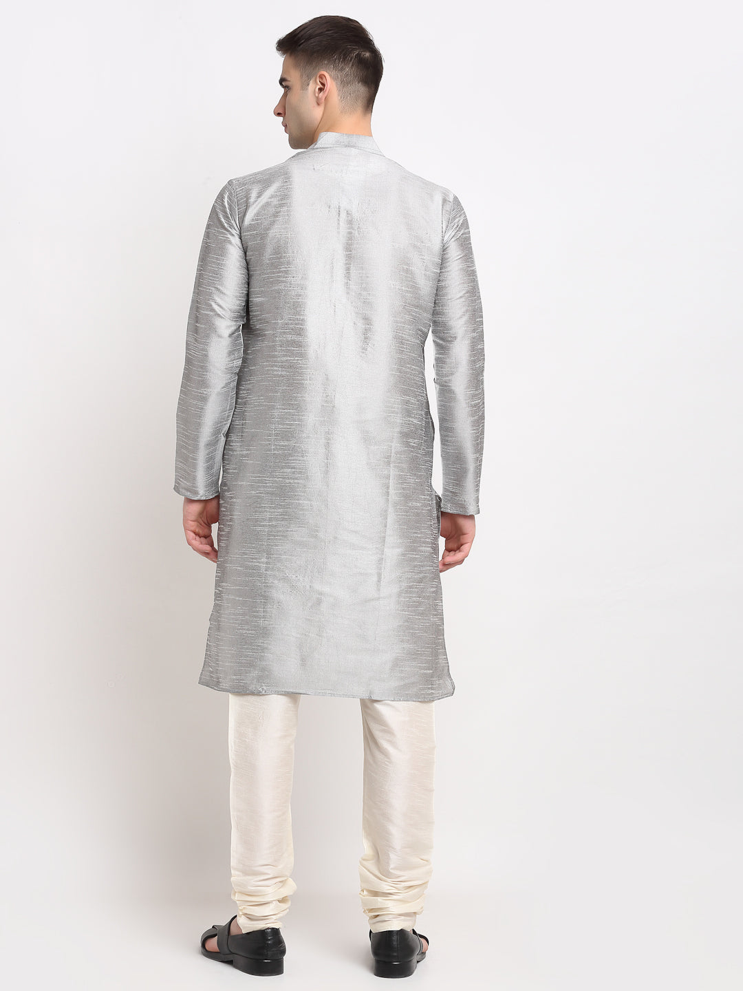Jompers Men's Silver Solid Dupion Silk Kurta Payjama Set | Grocsy