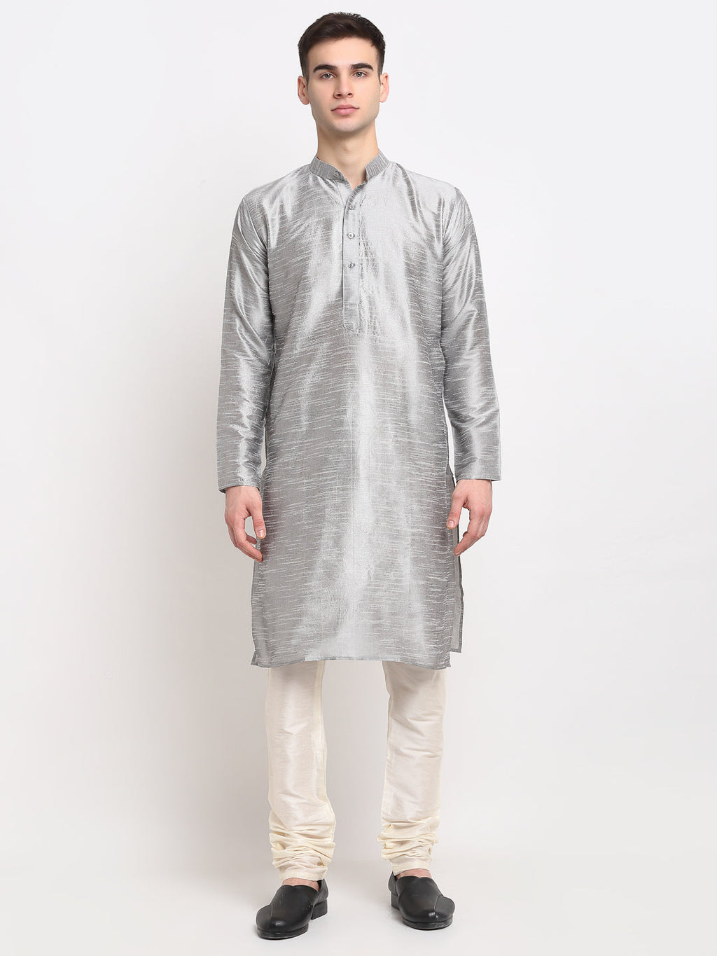 Jompers Men's Silver Solid Dupion Silk Kurta Payjama Set | Grocsy