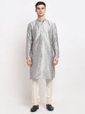 Jompers Men's Silver Solid Dupion Silk Kurta Payjama Set | Grocsy