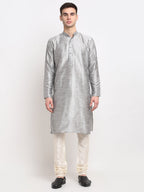 Jompers Men's Silver Solid Dupion Silk Kurta Payjama Set | Grocsy