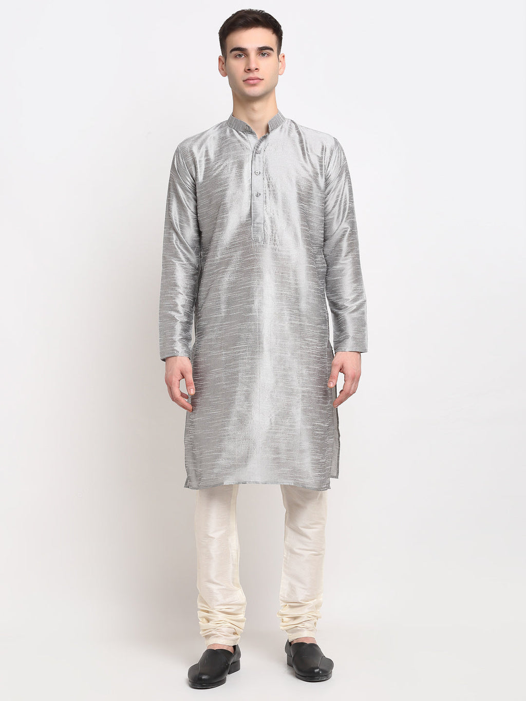 Jompers Men's Silver Solid Dupion Silk Kurta Only | Grocsy
