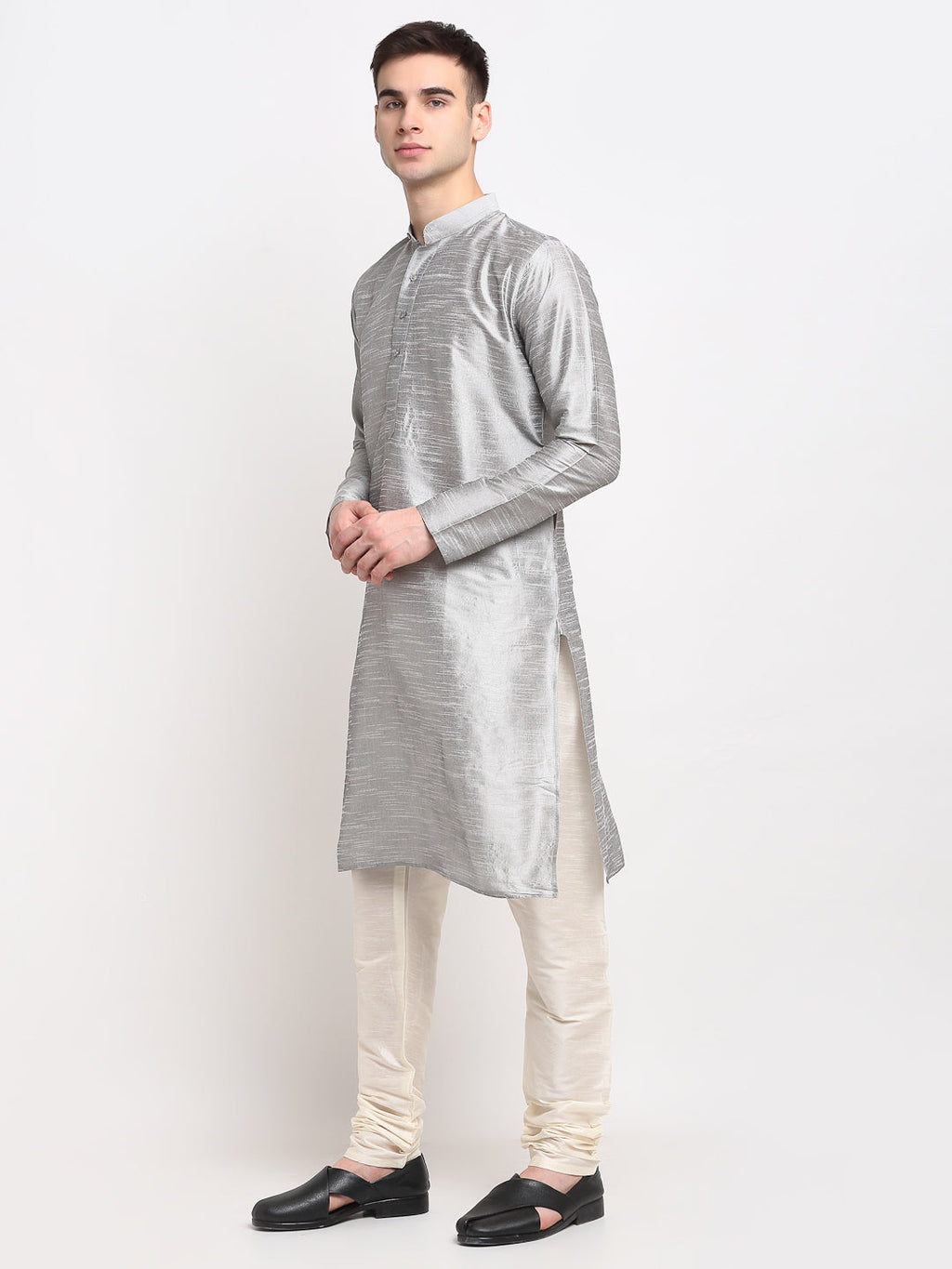 Jompers Men's Silver Solid Dupion Silk Kurta Only | Grocsy