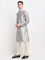 Jompers Men's Silver Solid Dupion Silk Kurta Only | Grocsy