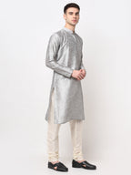 Jompers Men's Silver Solid Dupion Silk Kurta Payjama Set | Grocsy