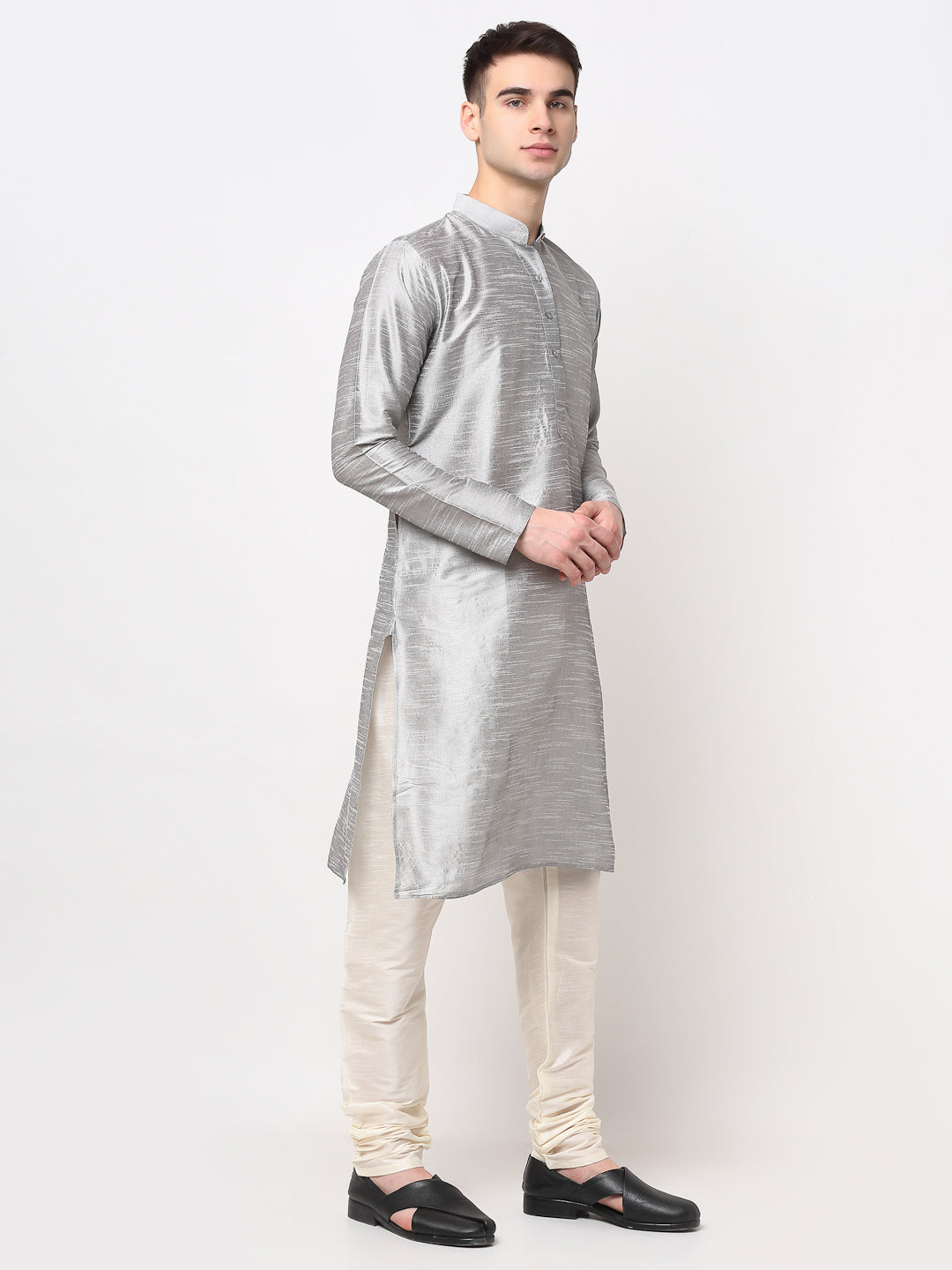 Jompers Men's Silver Solid Dupion Silk Kurta Only | Grocsy