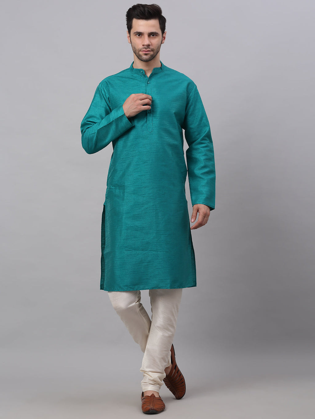 Jompers Men's Solid Dupion Silk Kurta Payjama Set - Teal | Grocsy