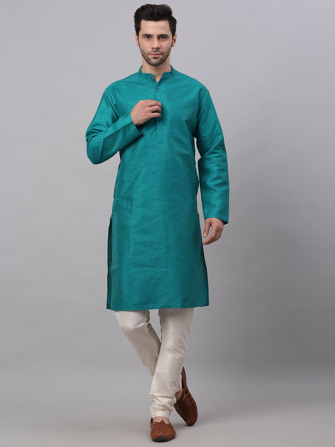 Jompers Men's Solid Dupion Silk Kurta Payjama Set - Teal | Grocsy