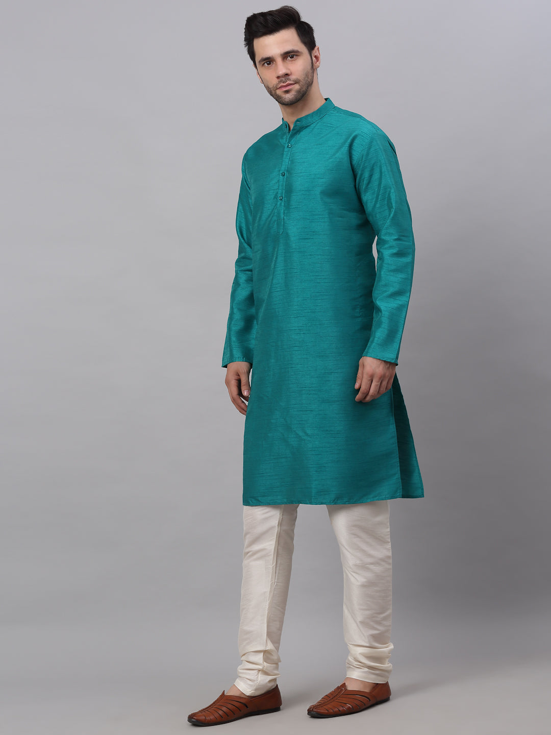 Jompers Men's Solid Dupion Silk Kurta Payjama Set - Teal | Grocsy