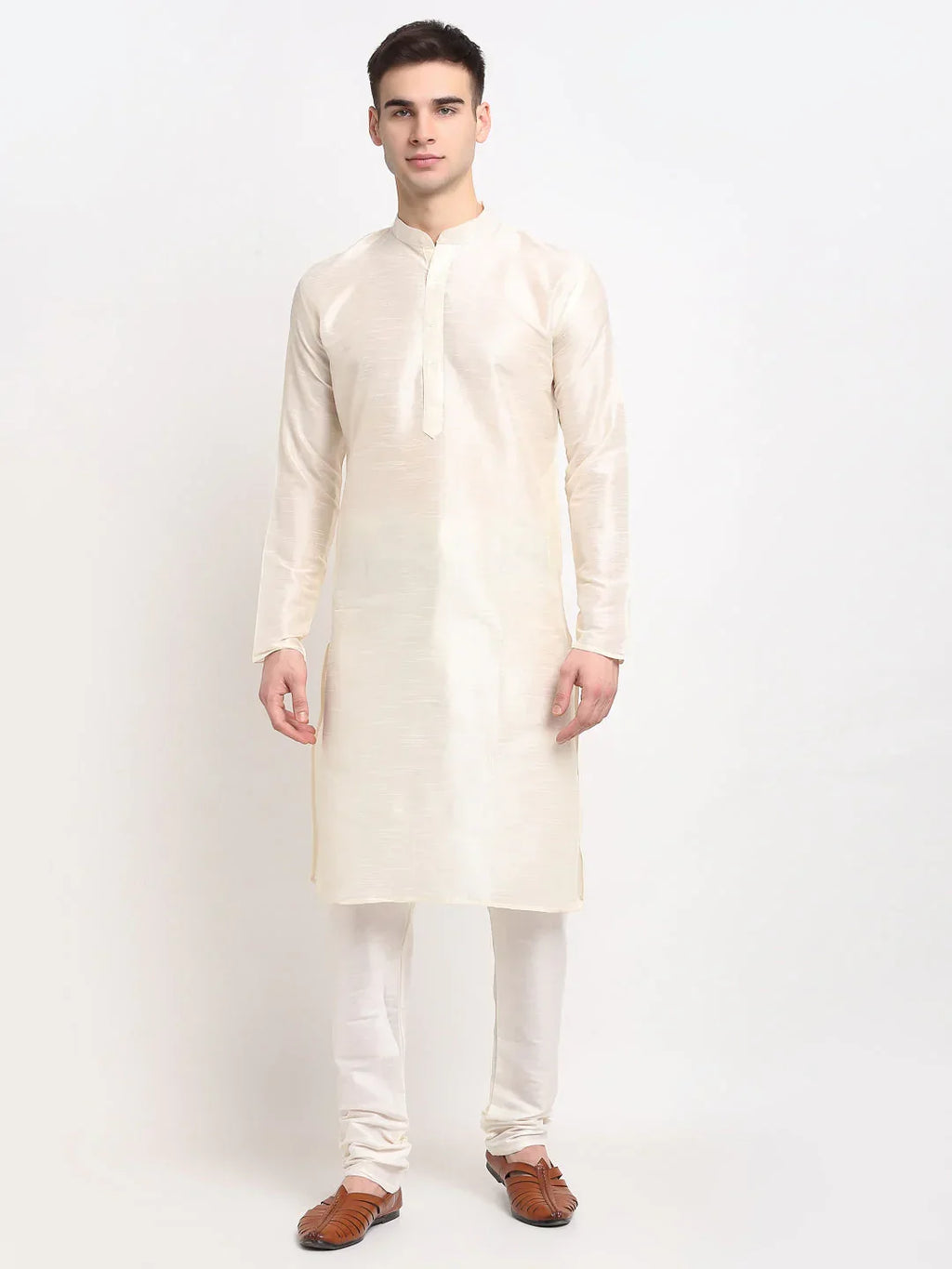 Jompers Men's White Solid Dupion Silk Kurta Payjama Set | Grocsy