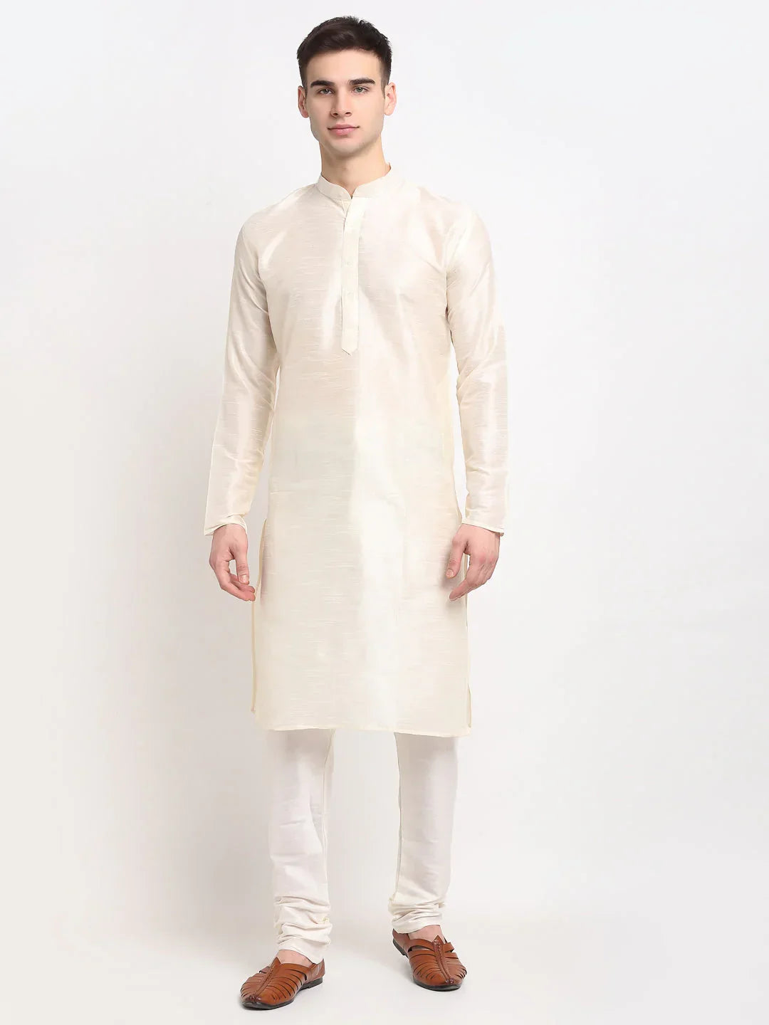 Jompers Men's White Solid Dupion Silk Kurta Payjama Set | Grocsy