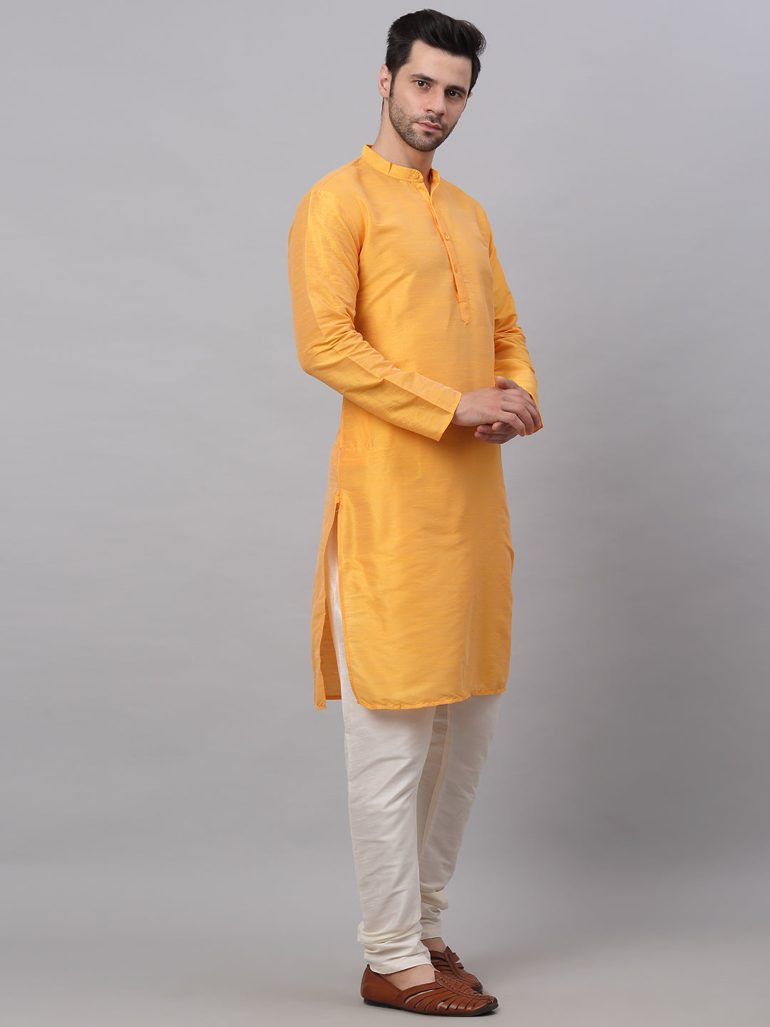 Jompers Men's Solid Dupion Silk Kurta Payjama Set - Yellow | Grocsy