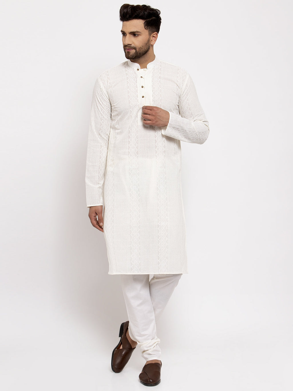 Jompers Men Cream Embroidered Kurta with Pyjamas | Grocsy