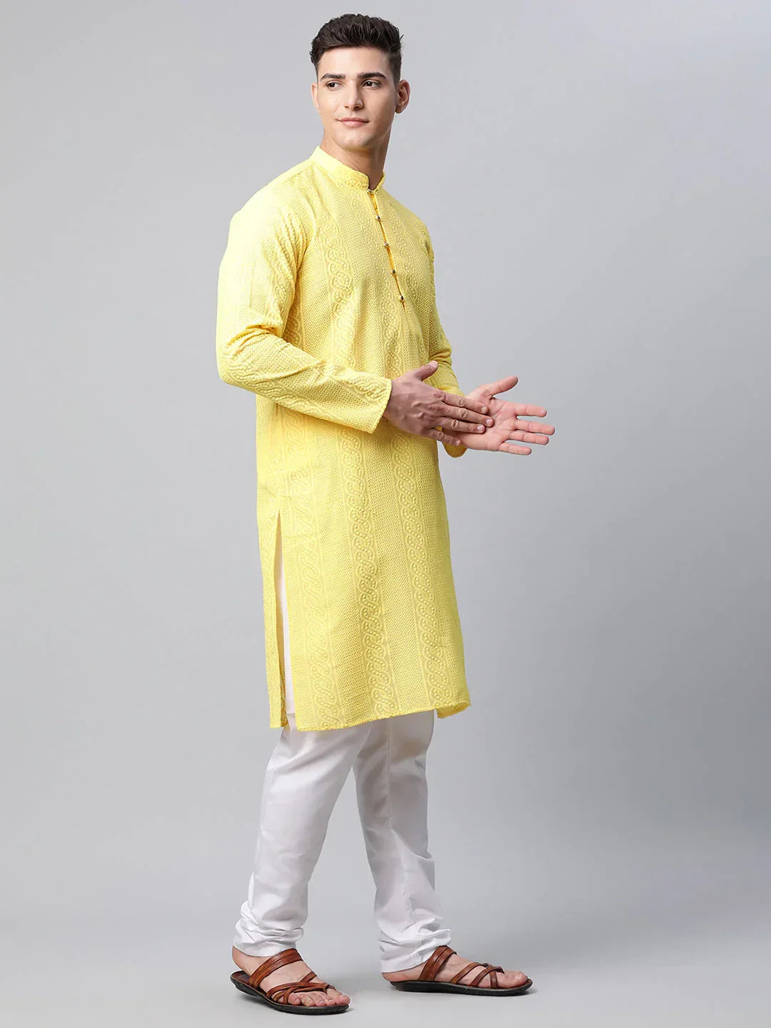 Jompers Men's Embroiderd Kurta Pajama - Lemon | Grocsy