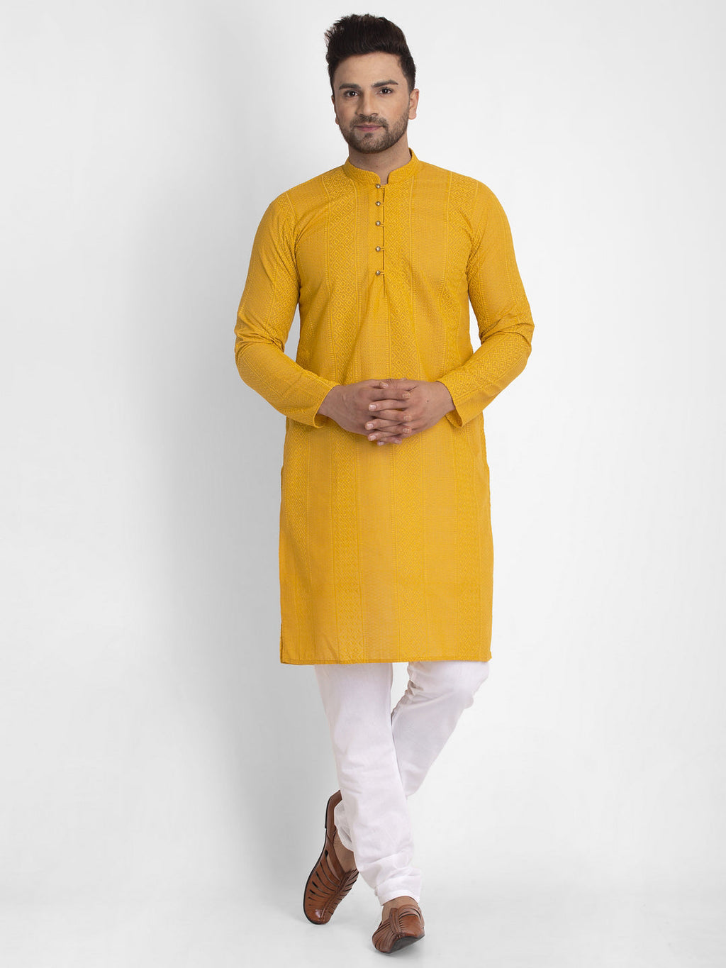 Jompers Men Mustard Embroidered Kurta with Pyjamas | Grocsy