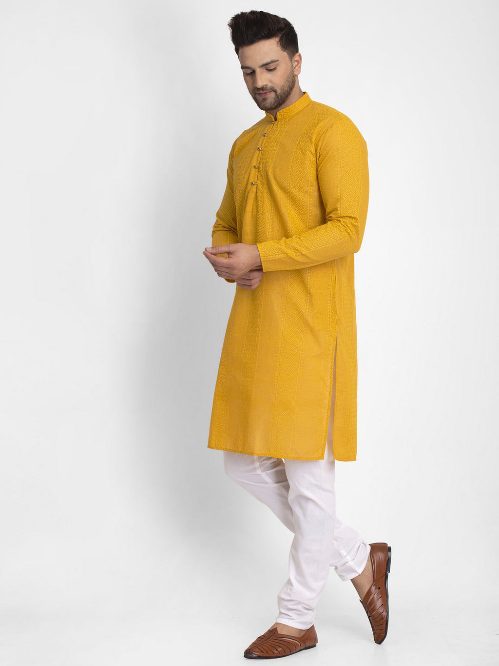 Jompers Men Mustard Embroidered Kurta with Pyjamas | Grocsy