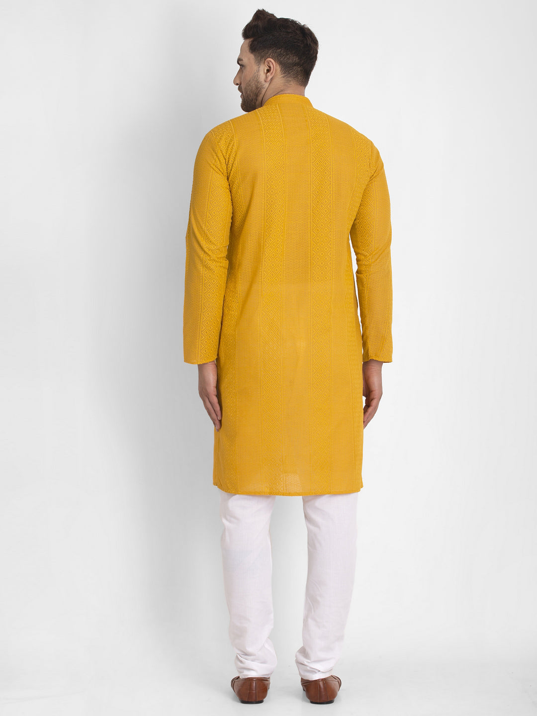 Jompers Men Mustard Embroidered Kurta with Pyjamas | Grocsy