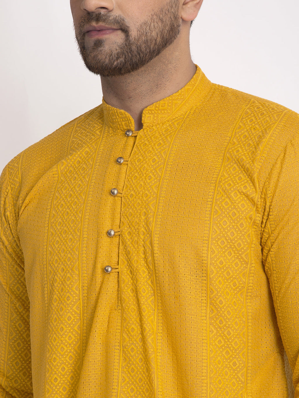 Jompers Men Mustard Embroidered Kurta with Pyjamas | Grocsy