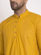 Jompers Men Mustard Embroidered Kurta with Pyjamas | Grocsy