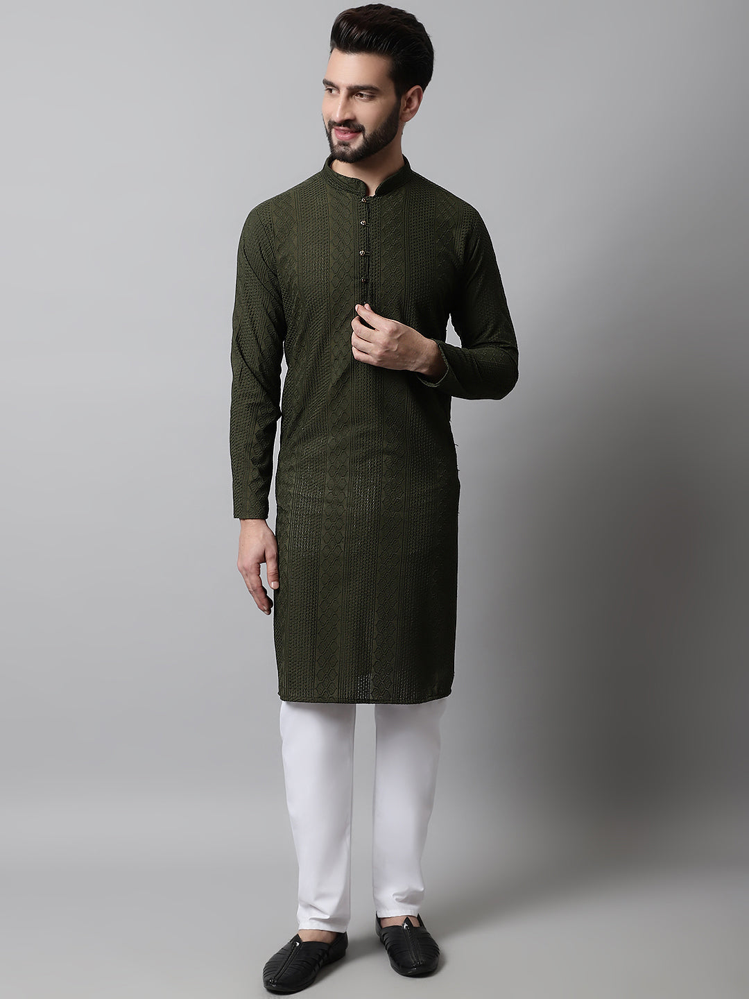 Jompers Men's Embroiderd Kurta Pajama - Olive | Grocsy