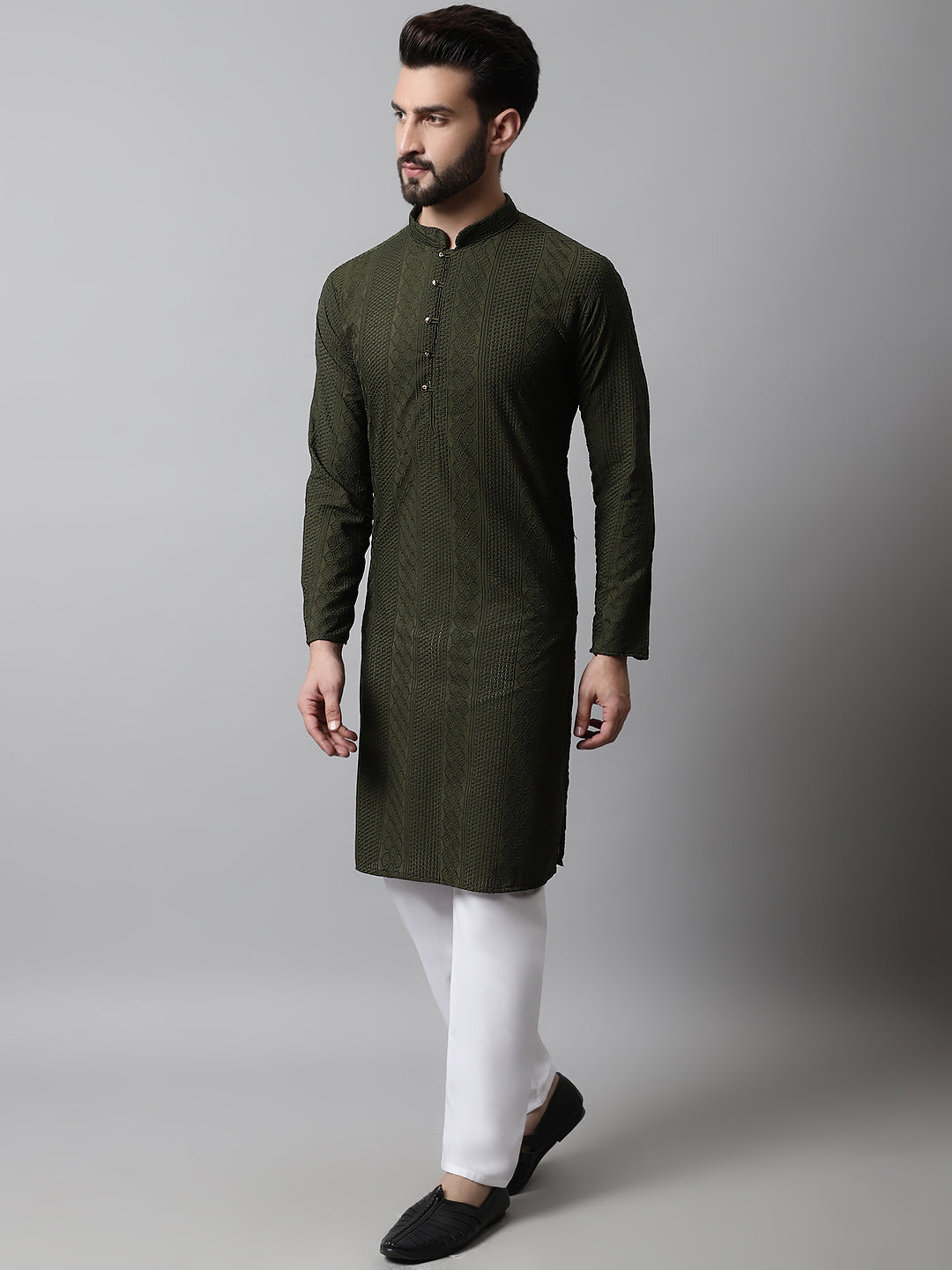 Jompers Men's Embroiderd Kurta Pajama - Olive | Grocsy