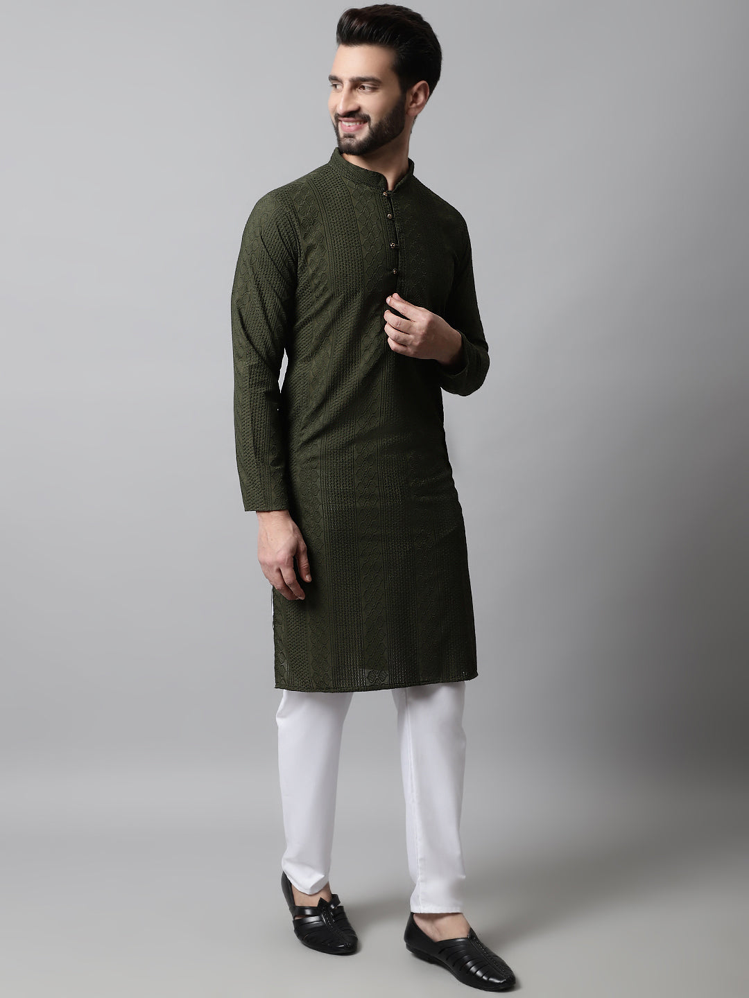 Jompers Men's Embroiderd Kurta Pajama - Olive | Grocsy