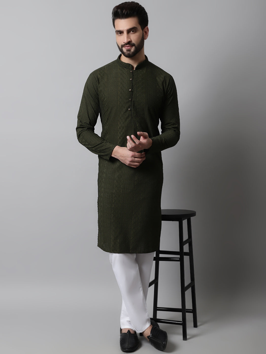 Jompers Men's Embroiderd Kurta Pajama - Olive | Grocsy