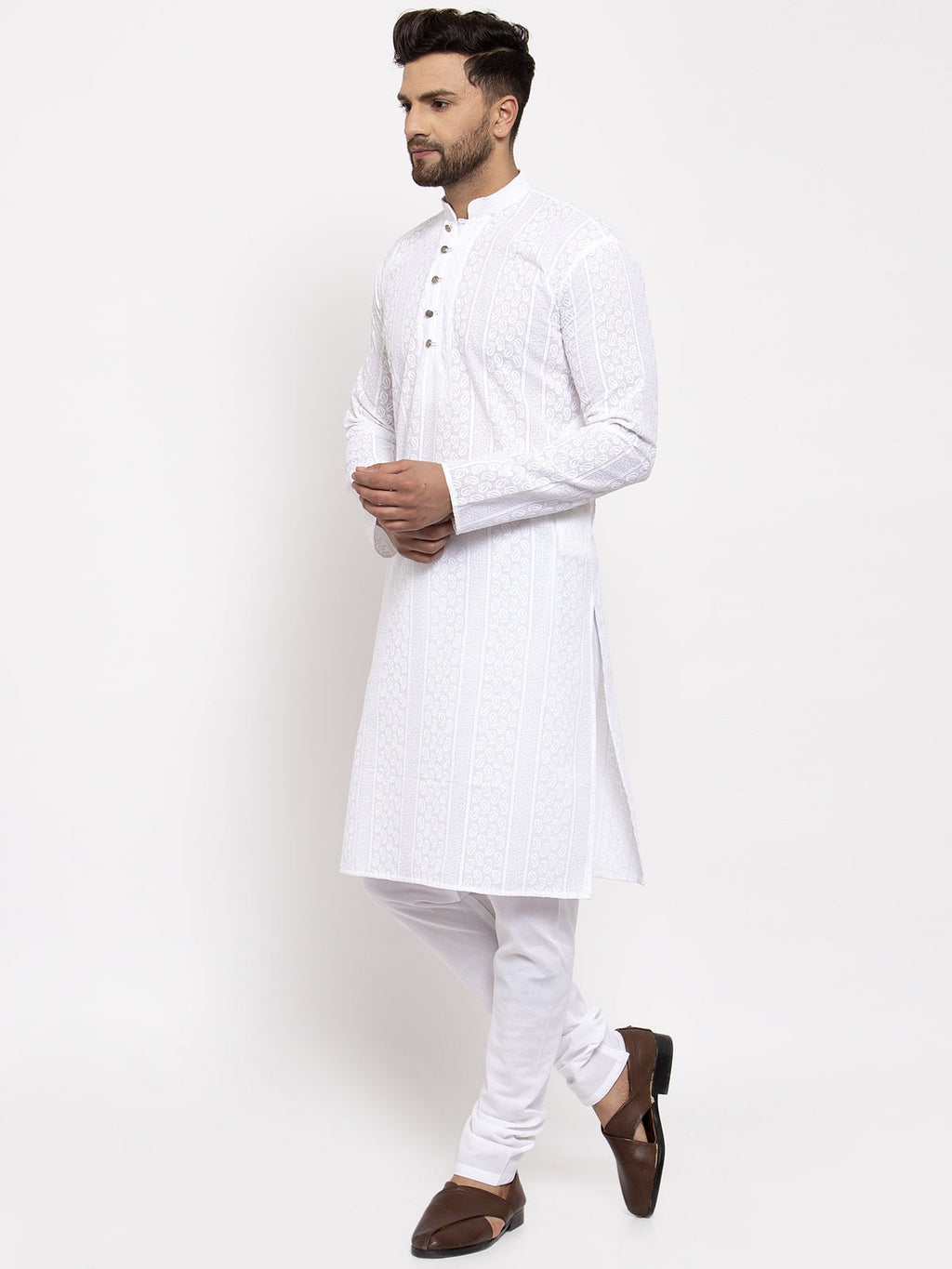 Jompers Men White Embroidered Kurta with Pyjamas | Grocsy