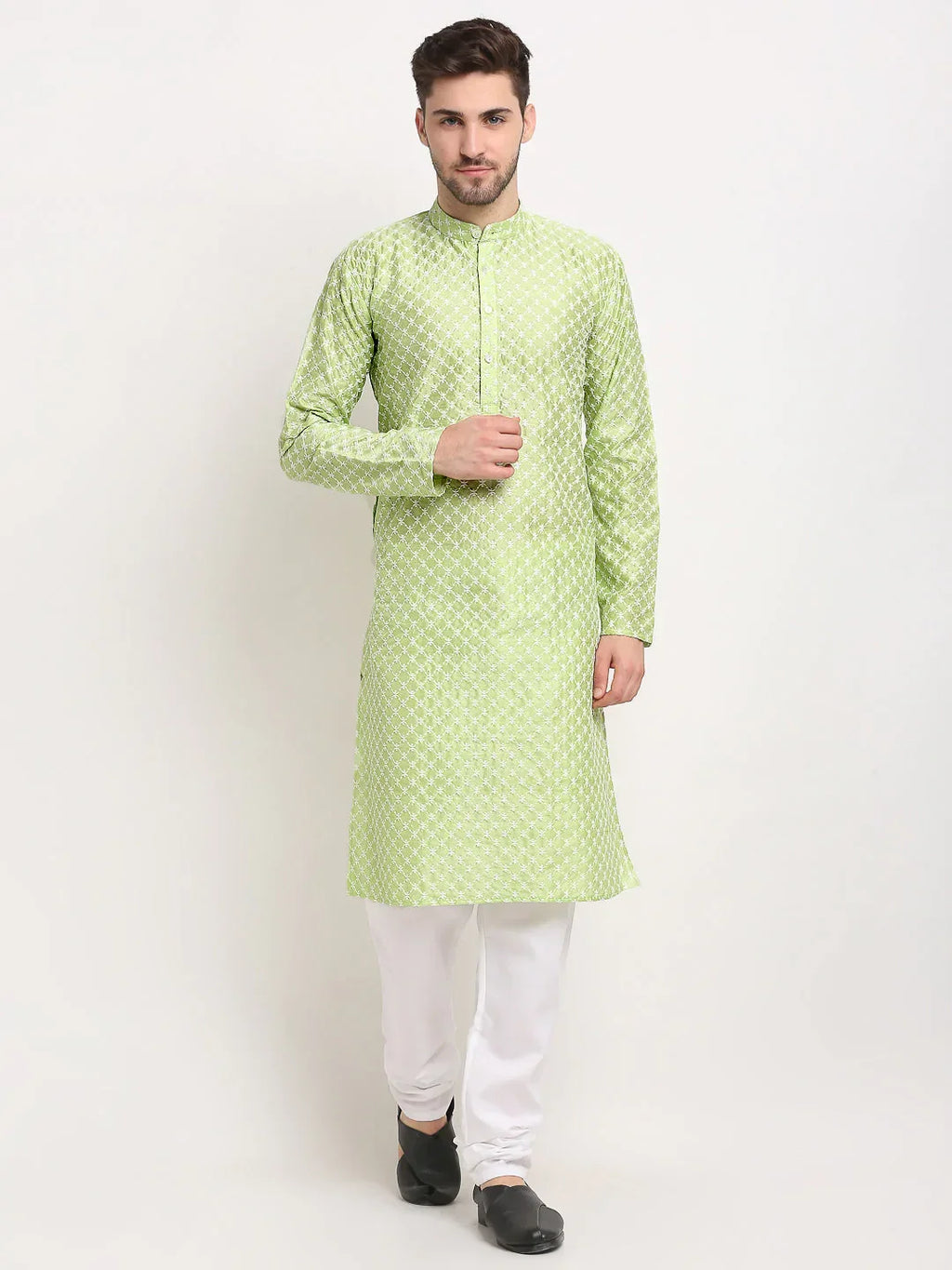 Jompers Men's Green Chikankari Kurta with Churidar | Grocsy