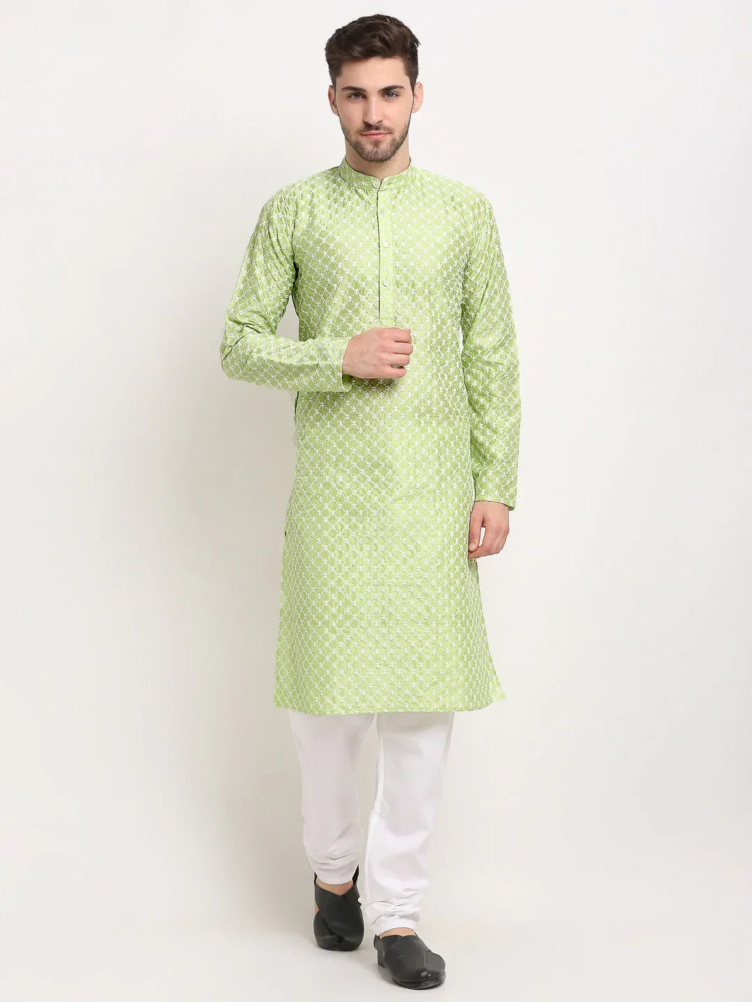 Jompers Men's Green Chikankari Kurta with Churidar | Grocsy
