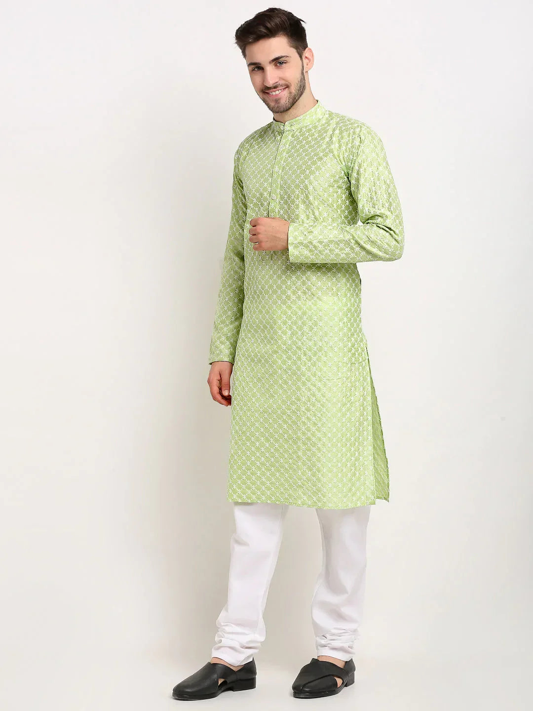 Jompers Men's Green Chikankari Kurta with Churidar | Grocsy