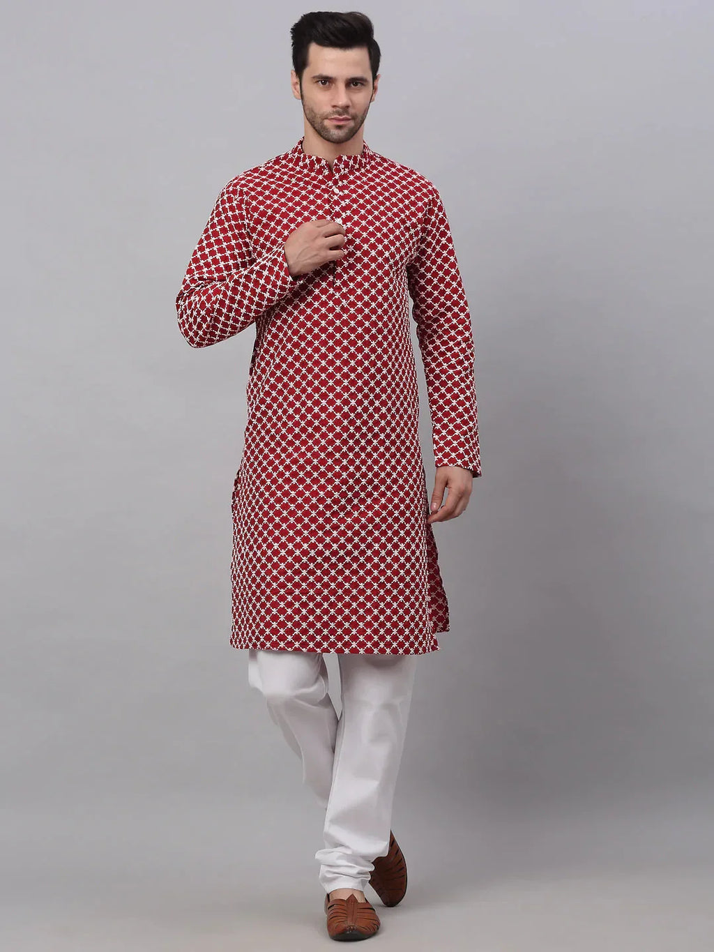 Jompers Men's Maroon Chikankari Kurta with Churidar | Grocsy