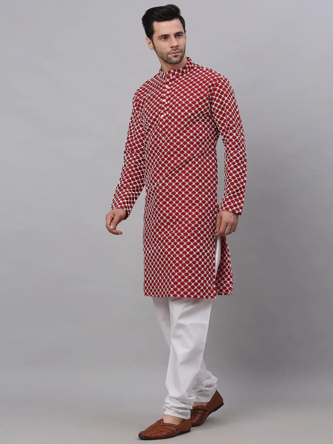 Jompers Men's Maroon Chikankari Kurta with Churidar | Grocsy