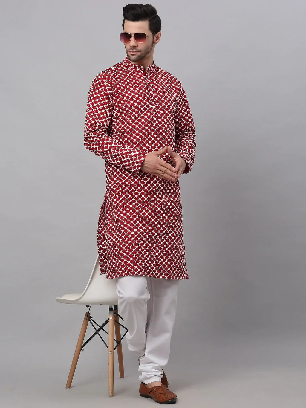 Jompers Men's Maroon Chikankari Kurta with Churidar | Grocsy