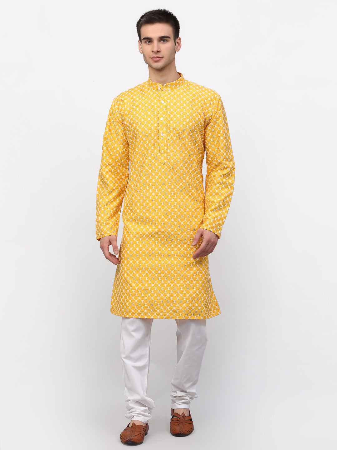 Jompers Men Mustard Chikankari Kurta with Churidar | Grocsy