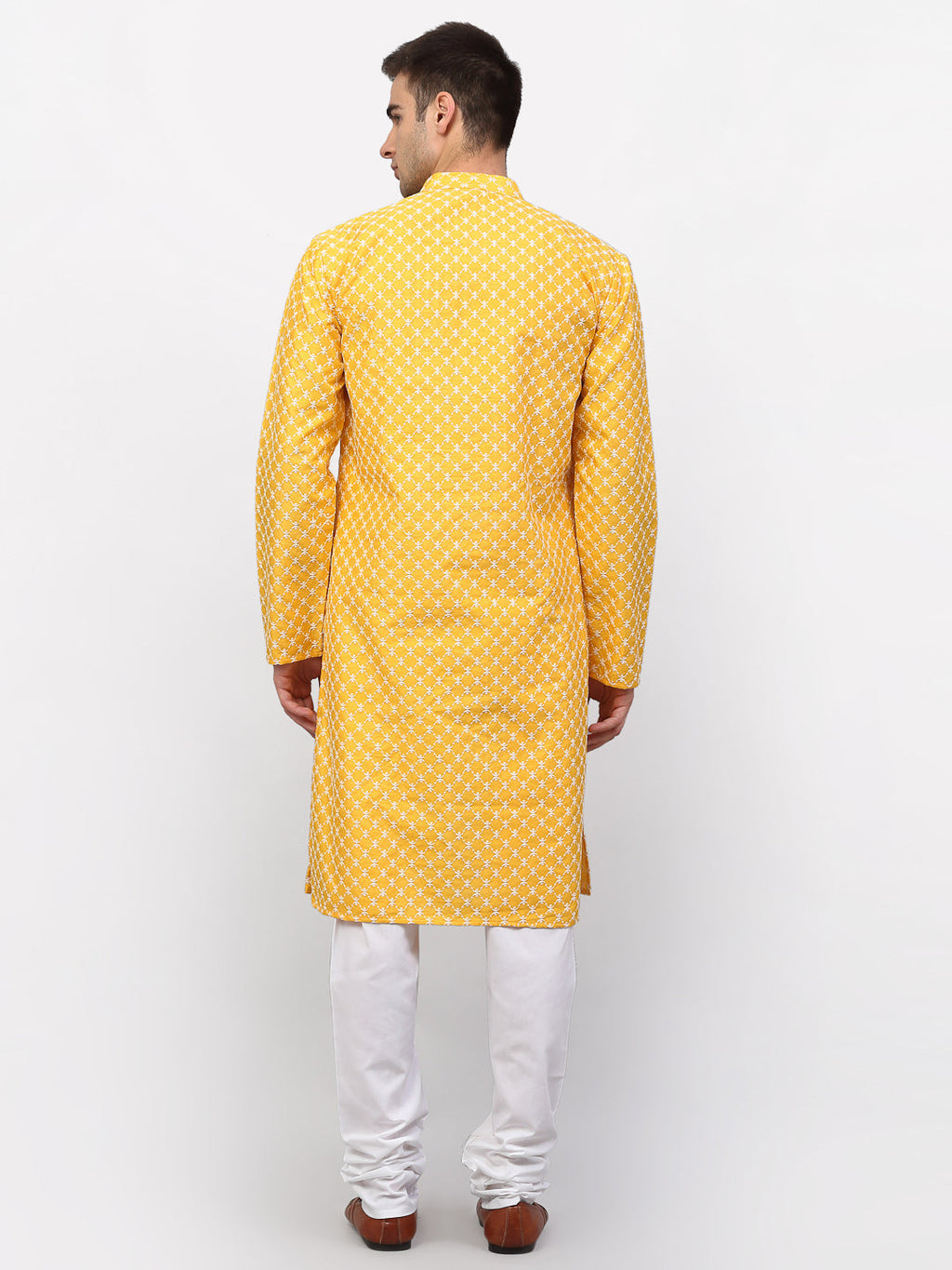 Jompers Men Mustard Chikankari Kurta with Churidar | Grocsy