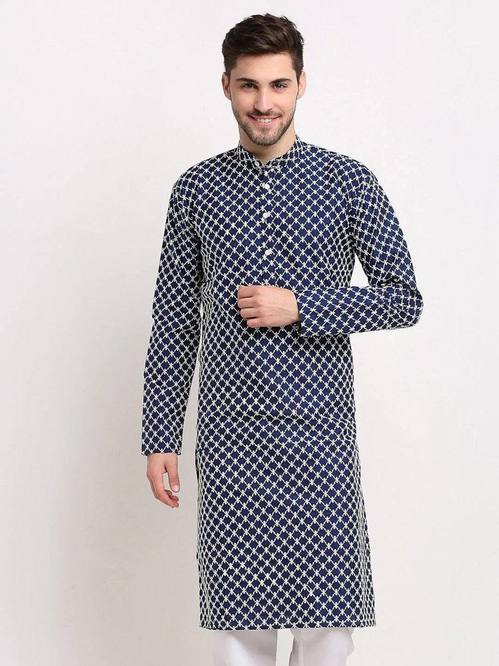 Jompers Men's Navy Blue Chikankari Kurta Only | Grocsy
