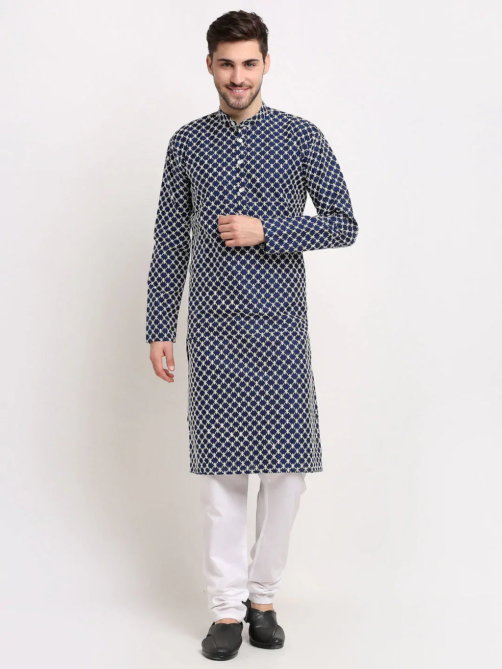 Jompers Men's Navy Blue Chikankari Kurta with Churidar | Grocsy