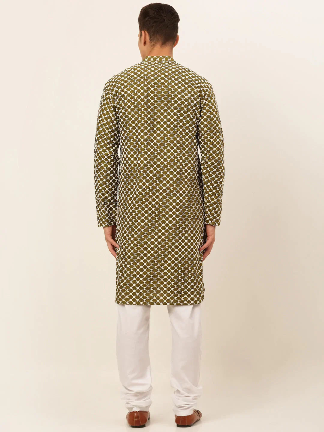 Jompers Men's Olive Green Chikankari Kurta with Churidar | Grocsy