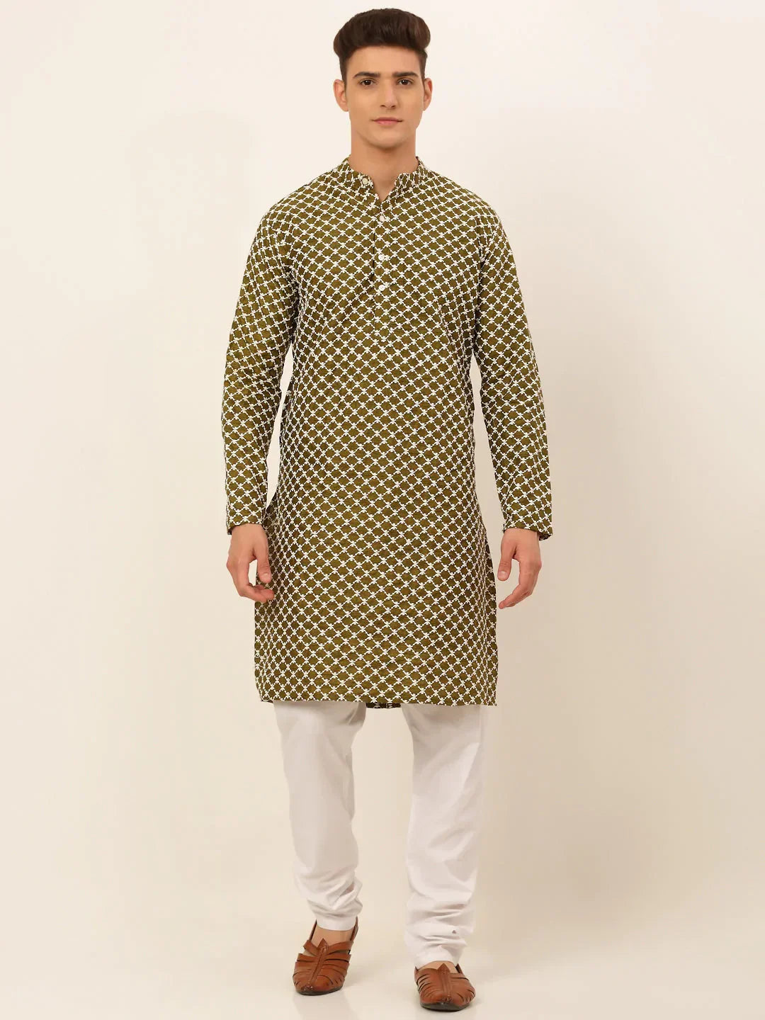 Jompers Men's Olive Green Chikankari Kurta with Churidar | Grocsy